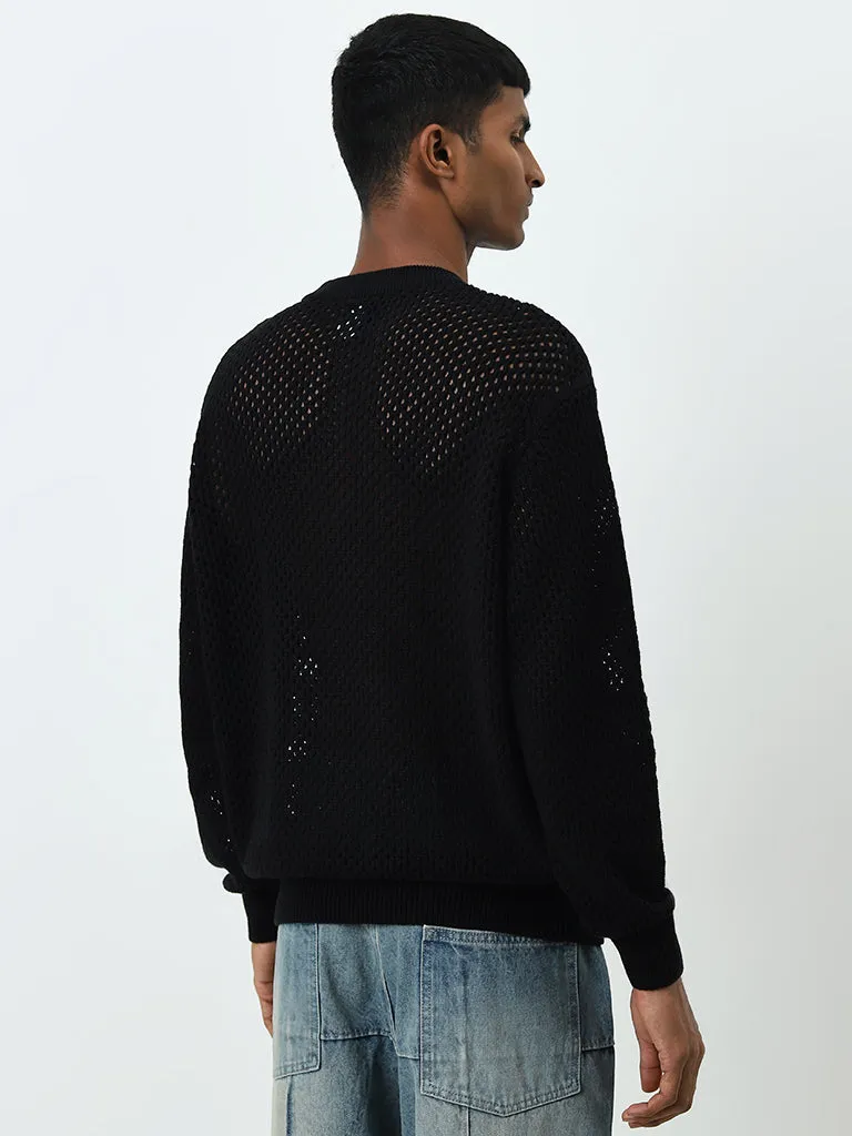 Nuon Black Knit-Textured Relaxed-Fit Cotton Sweater