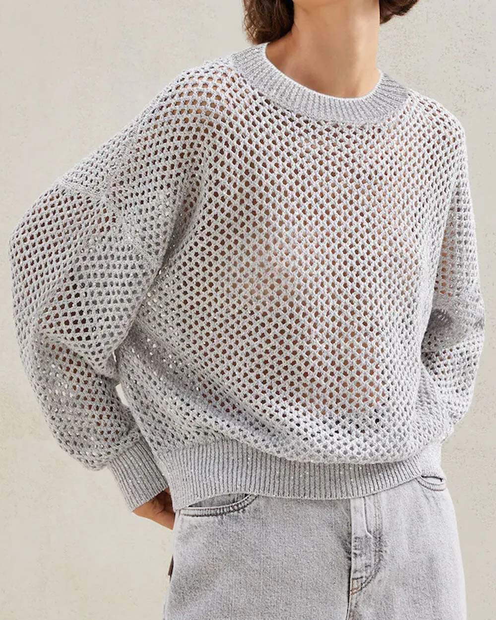 Pearl Grey Linen Paillette Crewneck Top