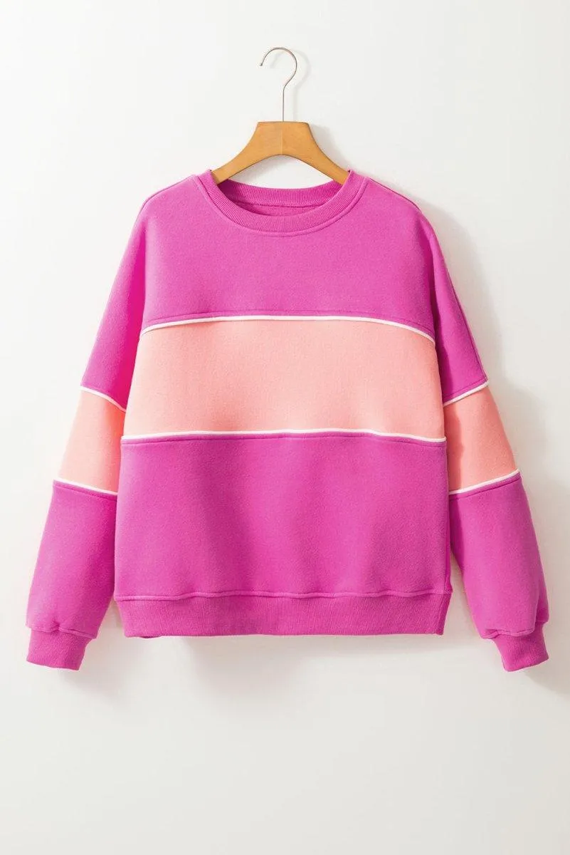 Pink Two-Toned Drop Shoulder Ribbed Trim Sweatshirt