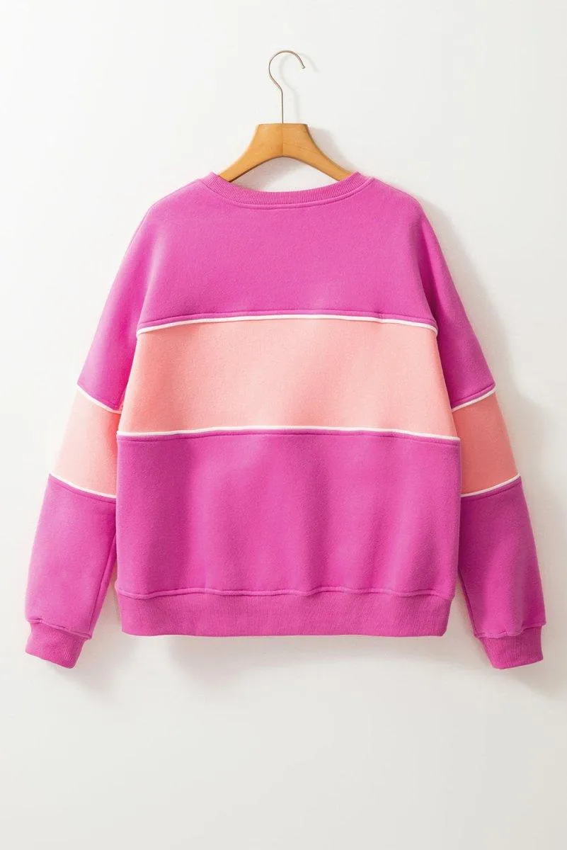 Pink Two-Toned Drop Shoulder Ribbed Trim Sweatshirt