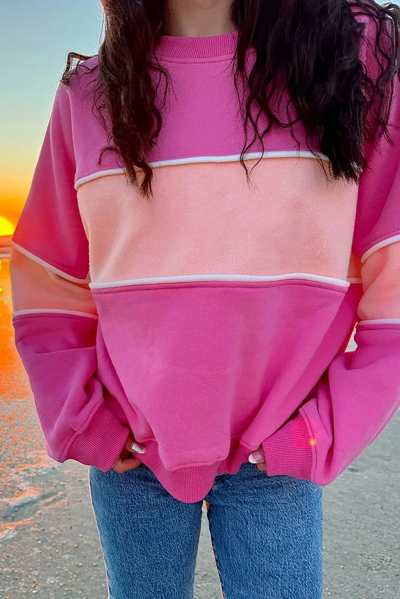 Pink Two-Toned Drop Shoulder Ribbed Trim Sweatshirt