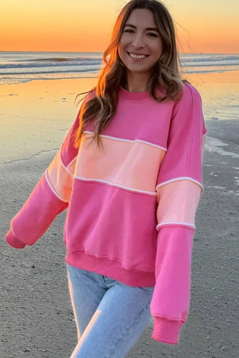 Pink Two-Toned Drop Shoulder Ribbed Trim Sweatshirt