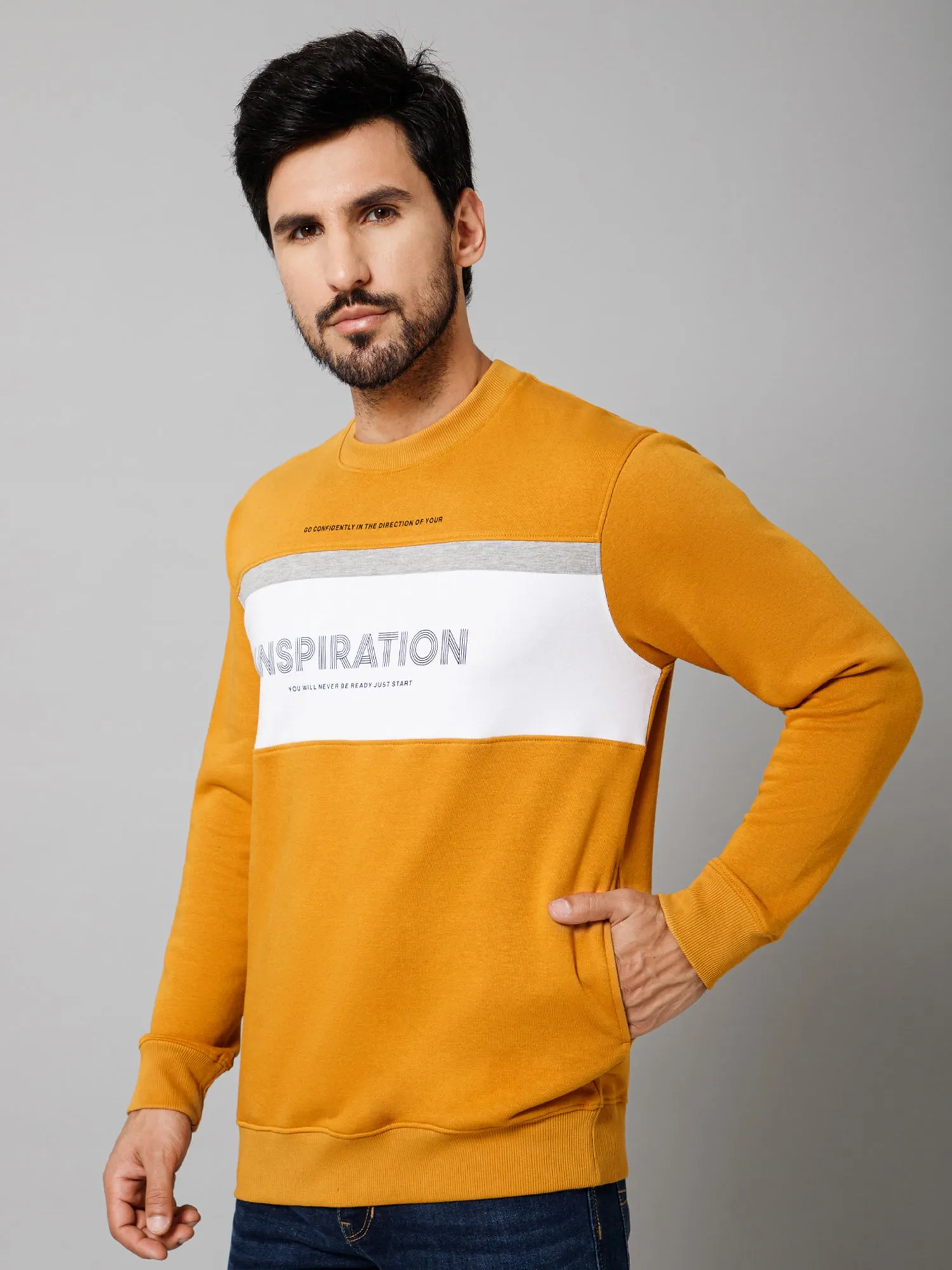 Printed Mustard Full Sleeves Round Neck Regular Fit Casual Sweatshirt For Mens