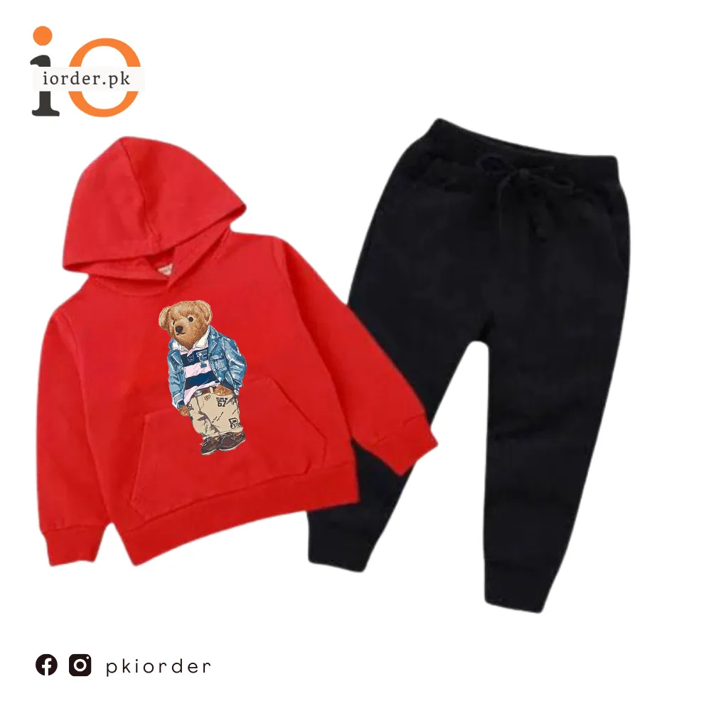 Red Polo Bear Printed Kids Hoodie Set