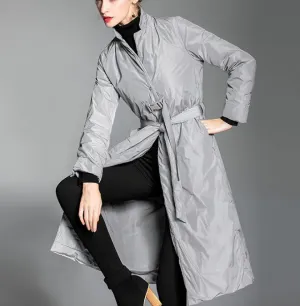 Stand Collar Long Women Down Coat Winter Loose 90% Duck Down Jackets Coat With Waist Belt