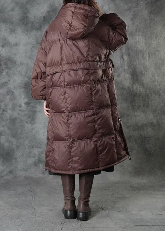 Street Chocolate Hooded Pockets Button Winter Zippered Duck Down Winter Coats Long Sleeve