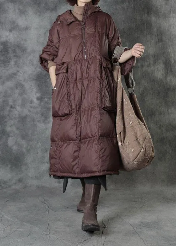 Street Chocolate Hooded Pockets Button Winter Zippered Duck Down Winter Coats Long Sleeve