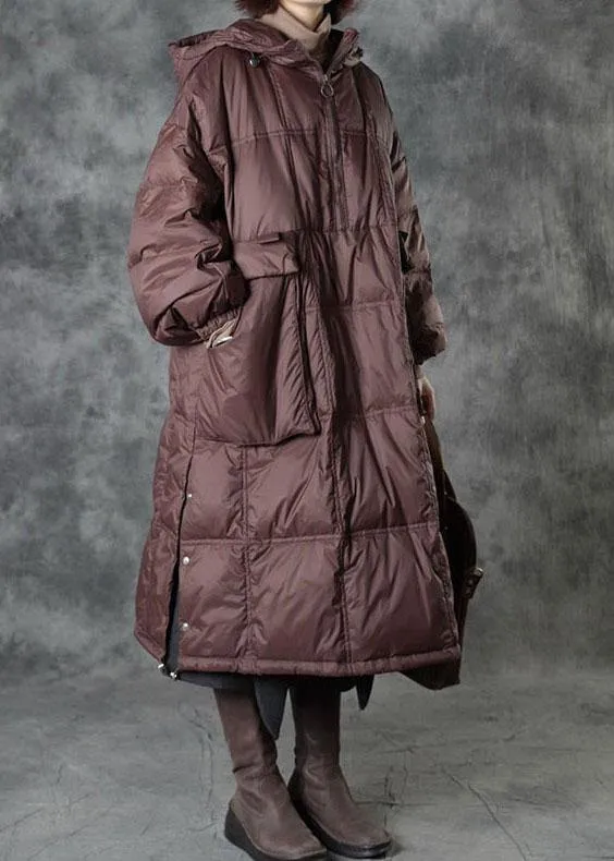 Street Chocolate Hooded Pockets Button Winter Zippered Duck Down Winter Coats Long Sleeve