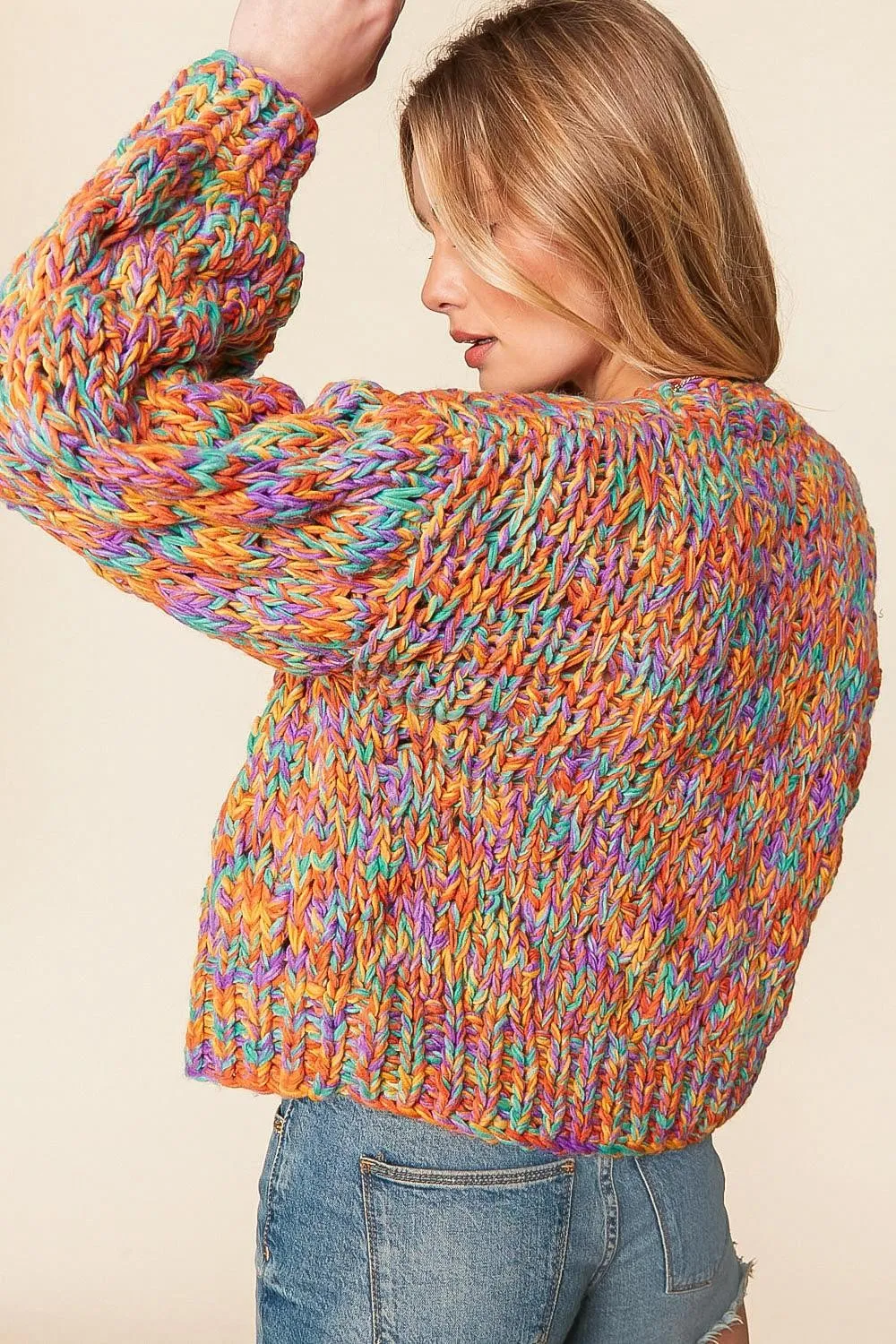 Sugarfox Multi Color Cable Chunky Knit Cropped Cardigan