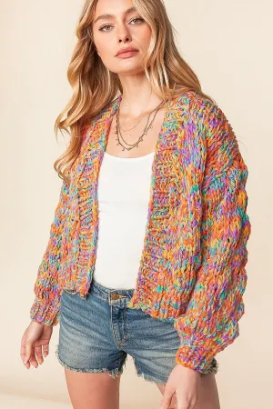 Sugarfox Multi Color Cable Chunky Knit Cropped Cardigan