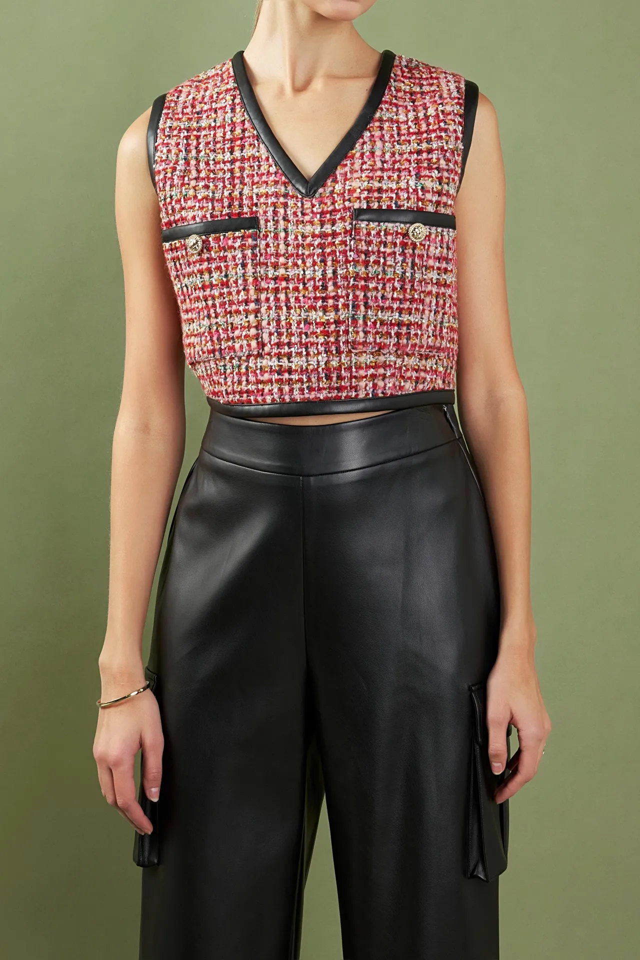 Tweed Vest with Faux Leather Trim