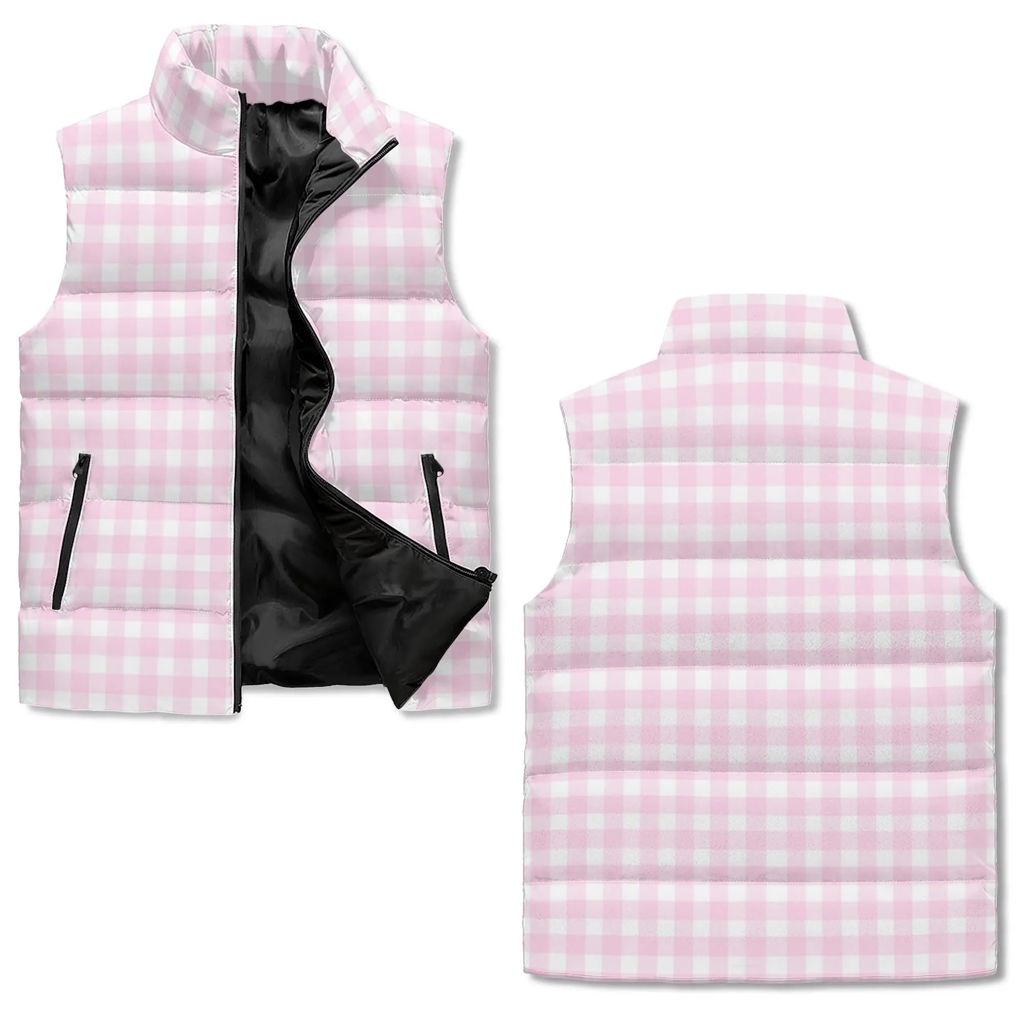 Unisex Retro Pink Gingham Puffer Vest | Vintage-Inspired Quilted Sleeveless Winter Jacket