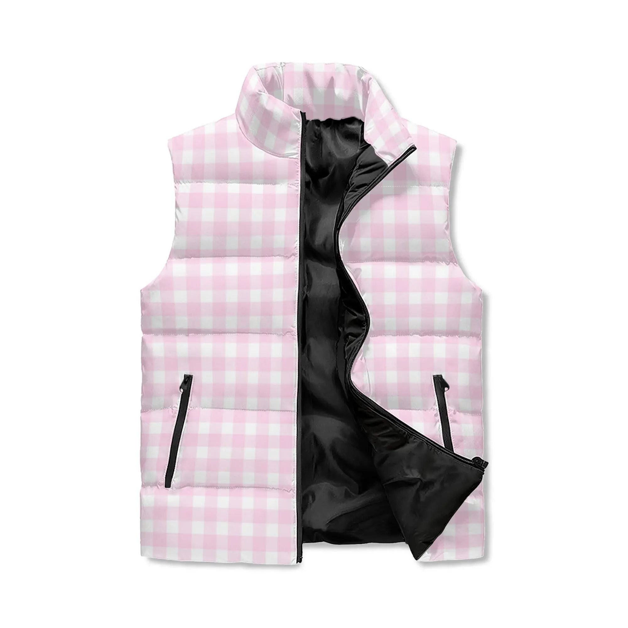 Unisex Retro Pink Gingham Puffer Vest | Vintage-Inspired Quilted Sleeveless Winter Jacket