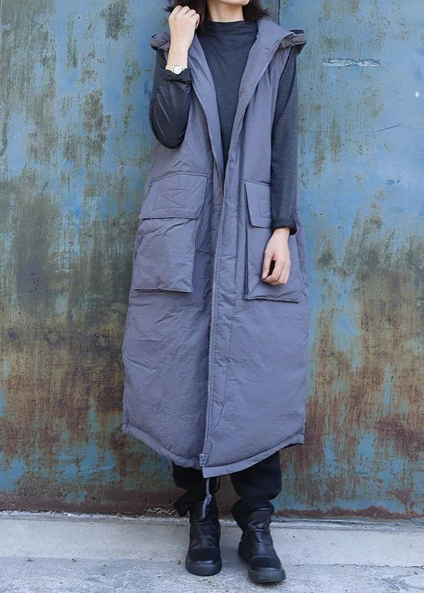 women plus size clothing winter jacket stand collar coats dark gray hooded sleeveless coats