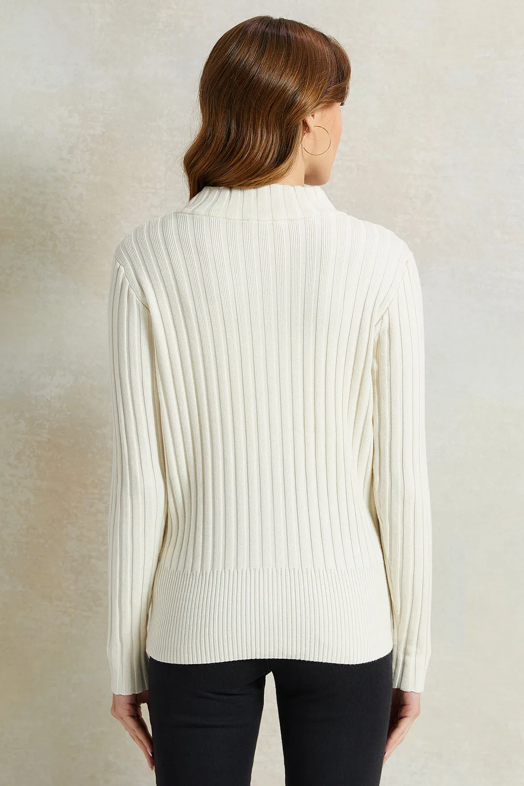 Women White Ribbed Pullover