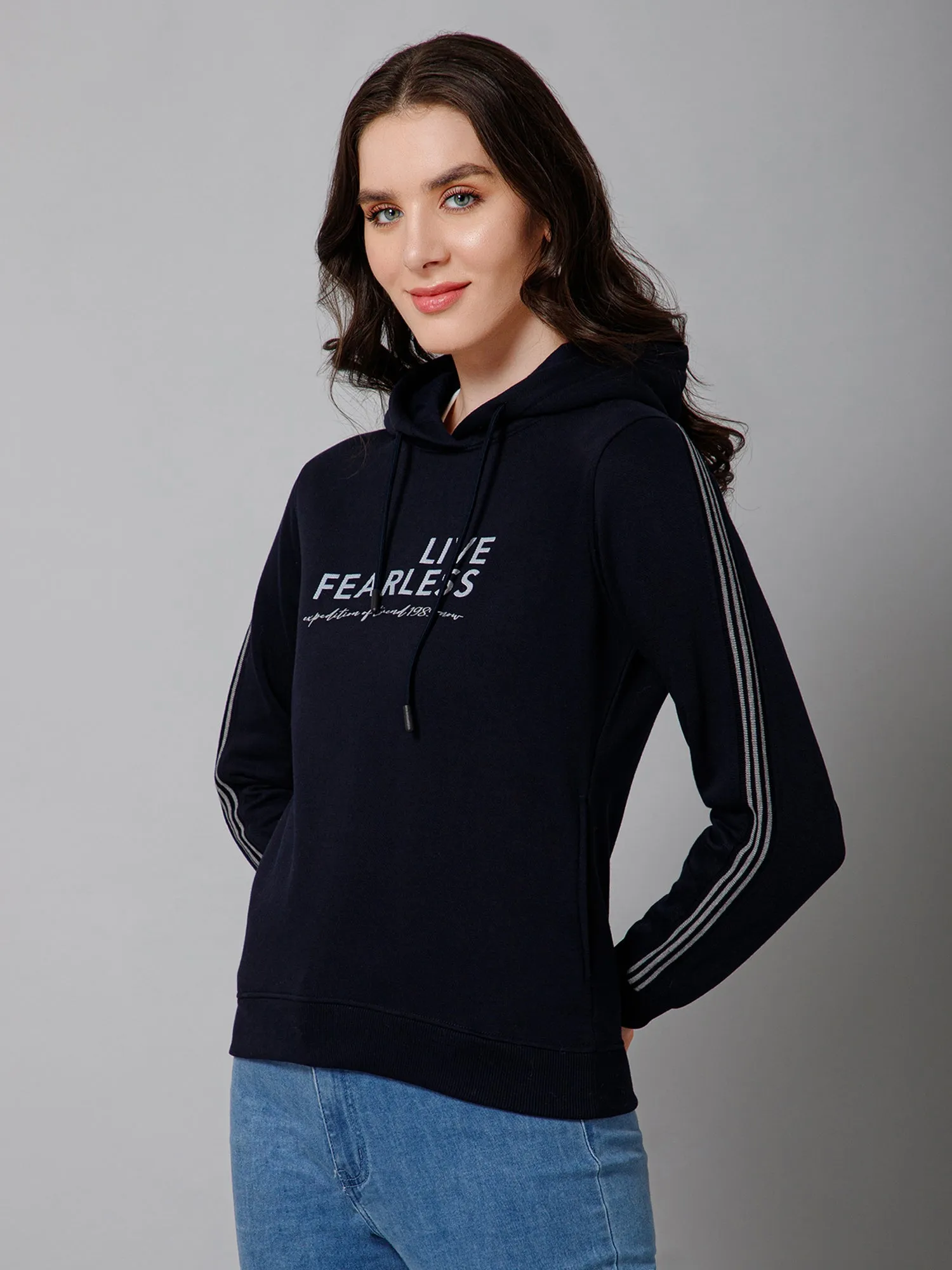 Women's Casual  Navy Blue Regular Full Sleeve Pullover Hoodie Fleece Sweatshirt