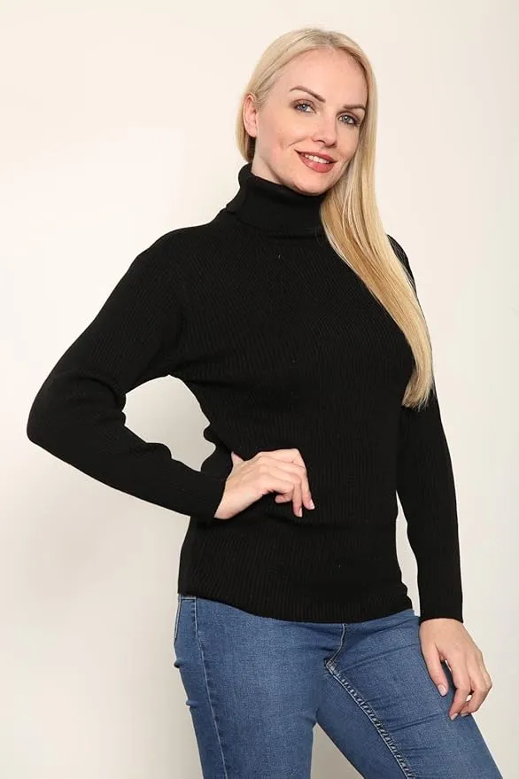 Women's Knitted Ribbed Long Sleeve Polo Neck Top Jumper