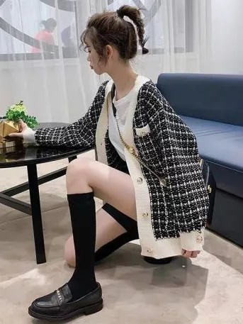 Women's Preppy Chic Vintage Tweed Cardigan