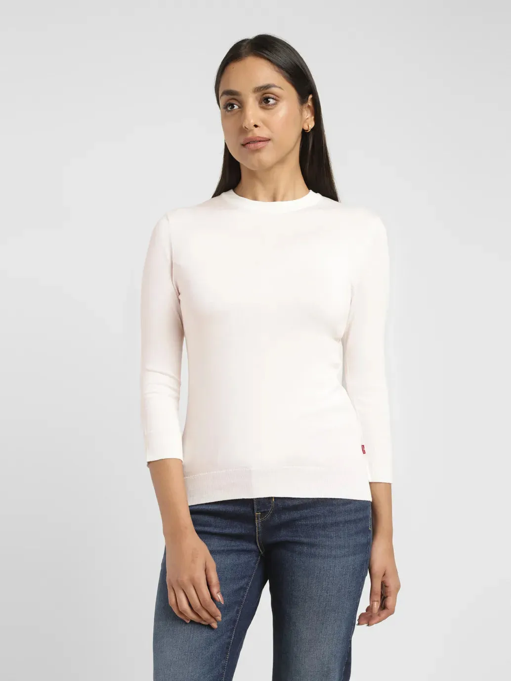 Women's Solid Cream Crew Neck Sweater