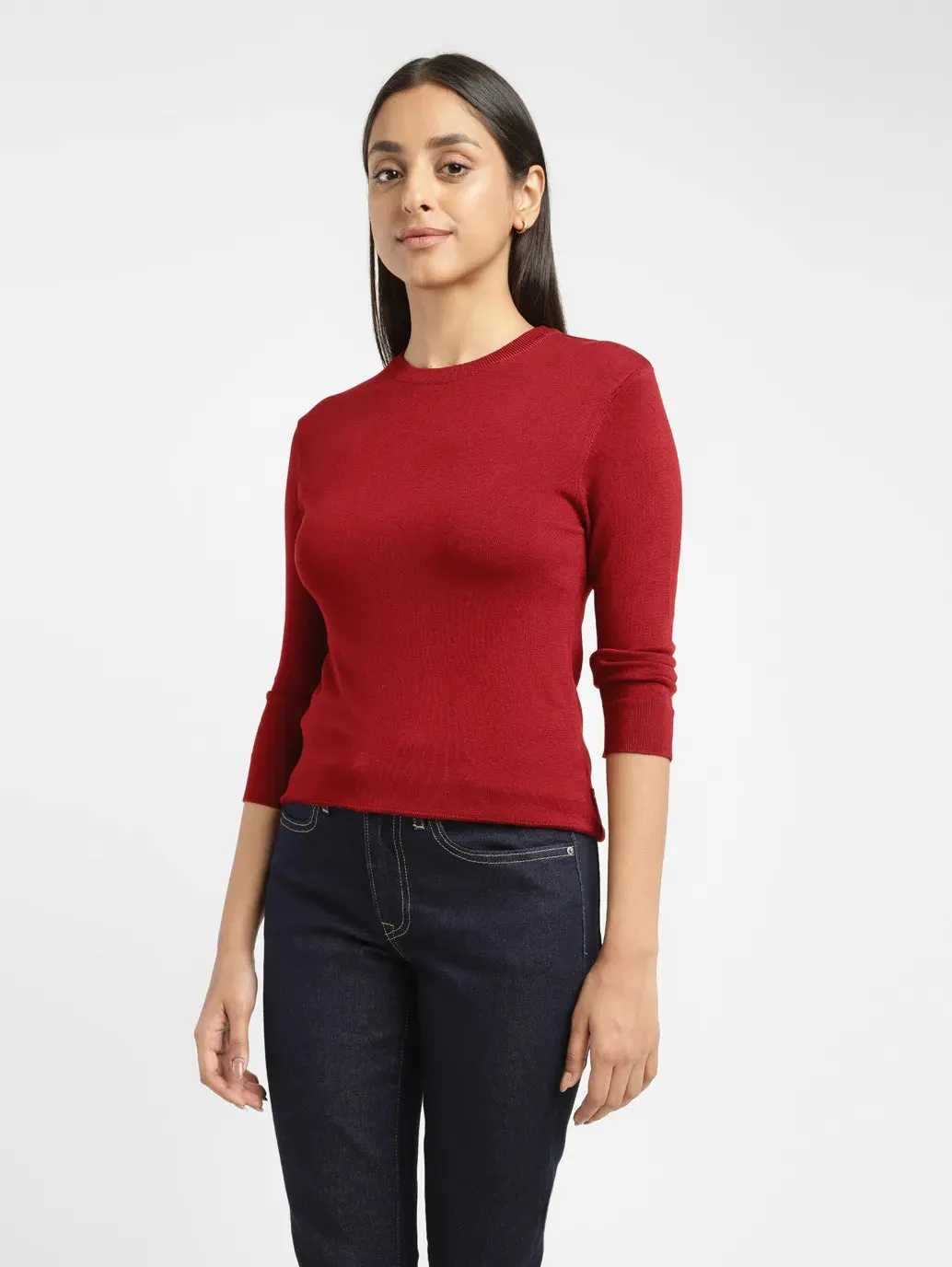 Women's Solid Red Crew Neck Sweater