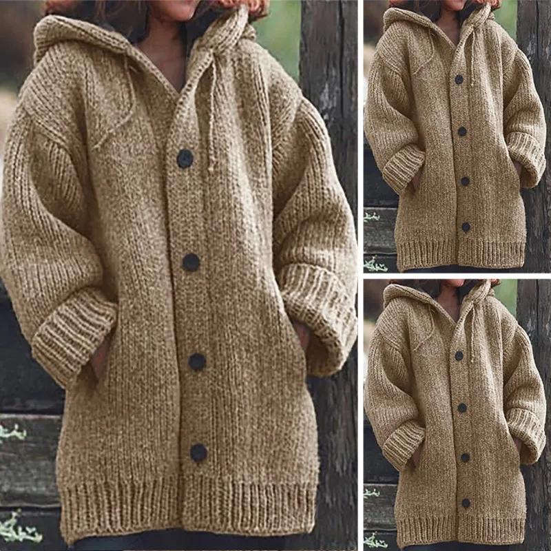 Women's Winter Warm Knitted Long-sleeved Hooded Knitted Cardigan